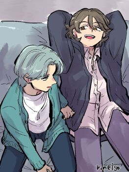  2boys brown_hair cardigan couch earrings green_hair hair_between_eyes half_updo hibiki_kaito hoop_earrings jewelry kazuma_(precure) kimi_to_idol_precure long_sleeves looking_to_the_side mature_male multiple_boys multiple_earrings neck necklace open_cardigan open_clothes pants parted_bangs pineapple_1-gou precure profile shirt short_hair sideways sitting smile talking twitter_username white_shirt 