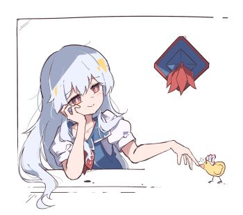  1girl animalization baby_animal bird blue_dress blue_hat chick closed_mouth collarbone commentary dress fujiwara_no_mokou grey_hair hand_on_own_cheek hand_on_own_face hat highres kamishirasawa_keine long_hair primsla puffy_short_sleeves puffy_sleeves red_eyes short_sleeves smile touhou unworn_hat unworn_headwear very_long_hair 