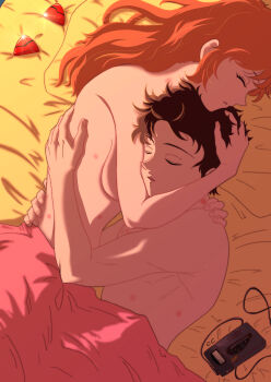  1boy 1girl absurdres afterglow aftersex arm_around_back bed breasts brown_hair cassette_player cc_(taeki512) closed_eyes couple hand_on_another's_shoulder head_hug hetero hickey highres ikari_shinji interface_headset_(evangelion) long_hair neon_genesis_evangelion_anima nude on_bed orange_hair parted_lips shaded_face sideboob sleeping souryuu_asuka_langley under_covers wire  rating:Questionable score:60 user:danbooru