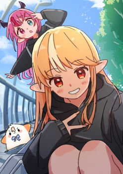  2girls animal bird black_hoodie blonde_hair blue_eyes blue_sky blush_stickers cloud day feet_out_of_frame grin heterochromia highres hololive hololive_english hood hood_down hoodie irys_(hololive) knees_up long_hair long_sleeves multicolored_hair multiple_girls nail_polish outdoors parted_lips pink_hair pink_nails pointy_ears puffy_long_sleeves puffy_sleeves railing red_eyes sasaki_(glass1138) shiranui_flare sky sleeves_past_wrists smile squatting streaked_hair v very_long_hair virtual_youtuber white_hair 