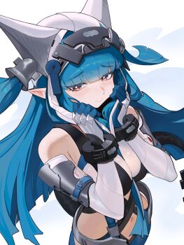  1girl absurdres arknights arknights:_endfield armor bare_shoulders blue_boots blue_gloves blue_hair blunt_bangs blush boots breasts clothing_cutout commentary distr dutch_angle elbow_gloves embarrassed english_commentary from_above garter_straps gloves hands_on_own_cheeks hands_on_own_face helmet highleg highleg_leotard highres last_rite_(arknights) leotard long_hair looking_at_viewer medium_breasts navel pointy_ears simple_background solo stomach thigh_boots tsurime twintails white_background white_gloves 