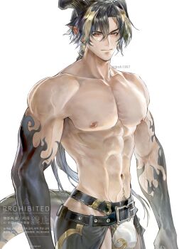  1boy abs absurdres arknights bara bulge chinese_commentary chongyue_(arknights) closed_mouth commentary_request dragon_boy dragon_horns dragon_tail highres horns jujumaho_(nanigaxila) looking_at_viewer male_focus multicolored_hair muscular muscular_male navel nipples pectorals pointy_ears ponytail smile tail topless_male white_background 