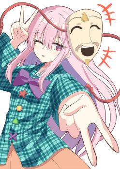  +++ 1girl bow bowtie breasts collared_shirt commentary_request double_v green_shirt hata_no_kokoro highres long_hair long_sleeves looking_at_viewer mask mask_on_head noh_mask okina_mask one_eye_closed open_mouth orange_skirt pink_eyes pink_hair plaid_clothes plaid_shirt purple_bow purple_bowtie shirt simple_background skirt small_breasts solo sugiyama_ichirou touhou v very_long_hair white_background 