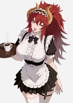  1girl absurdres alternate_costume apron black_dress black_nails blush breasts center_frills closed_mouth dragon_girl dragon_horns dress fangs frills highres holding holding_tray horns indie_virtual_youtuber large_breasts long_hair looking_at_viewer maid maid_apron maid_headdress meibin nail_polish o-ring o-ring_thigh_strap one_eye_closed ponytail red_hair smile solo thigh_strap thighhighs tongue tongue_out tray virtual_youtuber white_thighhighs yellow_eyes zentreya zentreya_(dragon) 