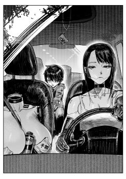  1boy 1girl age_difference android artificial_breasts artificial_vagina black_eyes breasts car_interior collar commentary covered_erect_nipples crop_top elbow_gloves gloves greyscale highres jacket long_hair male_masturbation masturbation medium_breasts monochrome onee-shota original robot_girl sex_toy shota sitakiding steering_wheel wd-40 