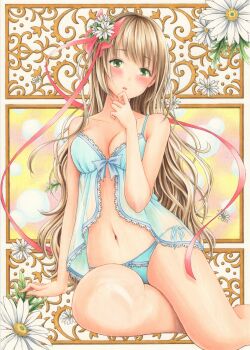  1girl absurdres aqua_babydoll aqua_panties arm_at_side arm_support babydoll bow bow_babydoll breasts brown_hair collarbone commentary_request flower green_eyes hair_flower hair_ornament hair_ribbon hand_up highres large_breasts lingerie long_hair marker_(medium) midori_(mira567) navel no_pants original panties partial_commentary pink_ribbon ribbon see-through_babydoll see-through_clothes side-tie_panties sitting solo stomach traditional_media underwear variant_set wavy_hair white_flower 
