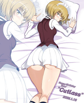  1girl absurdres ass blonde_hair blush breasts closed_mouth commentary_request cutlass_(girls_und_panzer) girls_und_panzer gratin_(kumaisao) highres looking_at_viewer looking_back lying maid_headdress microskirt on_stomach pillow pleated_skirt short_hair skirt small_breasts solo waitress white_skirt yellow_eyes 