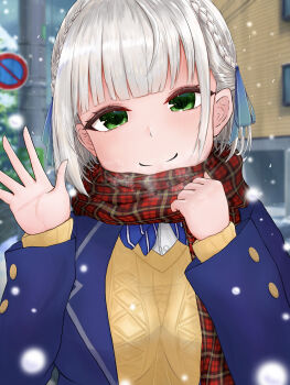  1girl absurdres alternate_costume blue_cardigan blush cardigan closed_mouth commentary_request green_eyes grey_hair highres hololive looking_at_viewer medium_hair outdoors red_scarf scarf shirogane_noel smile snow snowing solo u_da_desu virtual_youtuber waving 