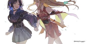  2girls black_choker black_hair blonde_hair blush cho_kaguya-hime! choker closed_eyes commentary_request crying highres holding_hands japanese_clothes kaguya_(cho_kaguya-hime!) kimono korean_commentary long_hair maengkkong8852 multiple_girls open_mouth sakayori_iroha 