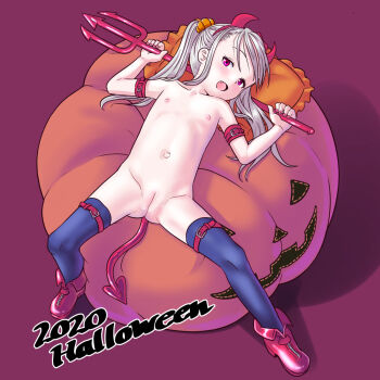 1girl 2020 cleft_of_venus demon_horns demon_tail fake_horns female_focus flat_chest food-themed_hair_ornament hair_ornament halloween halloween_costume head_tilt highres horns jack-o'-lantern loli lying nail_polish navel nude on_back open_mouth original pillow polearm ponytail pumpkin pumpkin_hair_ornament purple_background pussy red_nails shoes sidelocks simple_background solo tail thighhighs trident uncensored unmaker weapon rating:Explicit score:365 user:Dweenie
