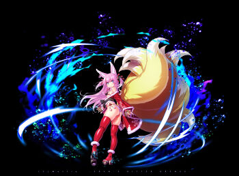  1girl absurdres animal_ears ass bikini bikini_top_only blue_eyes commentary_request earrings eden's_ritter_grenze fox_ears fox_girl fox_tail fur_trim highres japanese_clothes jewelry kimono long_hair looking_at_viewer multiple_tails off_shoulder panties pink_hair pink_panties red_thighhighs sakuya_tsuitachi short_kimono solo swimsuit tail thighhighs underwear 