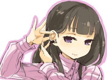  1girl black_hair blunt_bangs ear_focus ear_insertion earbuds earphones female_focus holding long_hair mota original portrait purple_eyes shirt simple_background sketch solo upper_body  rating:Sensitive score:27 user:danbooru
