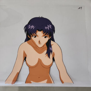  1990s_(style) animation_cel armpits breasts collarbone completely_nude gainax katsuragi_misato large_breasts long_hair looking_at_viewer mature_female navel neon_genesis_evangelion no_nipples nude official_art purple_hair retro_artstyle seductive_gaze smile  rating:Questionable score:7 user:Narukovore