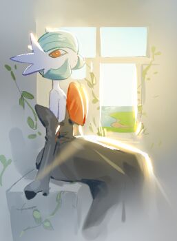  1girl alternate_color black_dress black_gloves blue_hair bob_cut colored_skin dress elbow_gloves gardevoir gen_3_pokemon gloves looking_at_viewer mega_gardevoir mega_pokemon nintendo orange_eyes pokemon pokemon_(creature) raine_(acke2445) shiny_pokemon sitting strapless strapless_dress white_skin window 