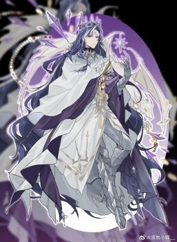  1boy aiguillette armor beads black_background blue_eyes blue_hair chinese_commentary clarence_clayden clarence_clayden_(god_forsaken_land) clawed_gauntlets cloak commentary_request crescent crescent_facial_mark cuisses curtained_hair dragon expressionless facial_mark forehead_mark full_body gem gorget gradient_background greaves hand_up highres long_hair looking_at_viewer lovebrush_chronicles male_focus mole mole_under_eye multicolored_hair object_floating_above_hand parted_lips pointed_crown poleyn purple_background purple_cloak purple_gem robe sabaton solo standing star_(symbol) streaked_hair two-sided_cloak two-sided_fabric very_long_hair watermark wavy_hair weibo_watermark western_dragon white_cloak white_robe white_streaks xuwu_xiao_mao zoom_layer 