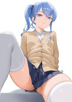  1girl absurdres blue_eyes blue_hair blue_ribbon blue_skirt breasts brown_cardigan cardigan collared_shirt commentary diptip double-parted_bangs english_commentary hair_between_eyes hair_ribbon highres hololive hoshimachi_suisei long_sleeves looking_at_viewer miniskirt paid_reward_available pleated_skirt ribbon school_uniform shirt side_ponytail simple_background sitting skirt small_breasts solo star_(symbol) star_in_eye symbol_in_eye thighhighs virtual_youtuber white_background white_shirt white_thighhighs 