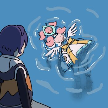  2girls absurdres afloat back_bow backless_dress backless_outfit belle_(zenless_zone_zero) bow commentary_request dress halo highres jacket kumao_max long_sleeves looking_at_another multiple_girls pink_hair purple_hair shoes wings yellow_bow yutane_johiel zenless_zone_zero 