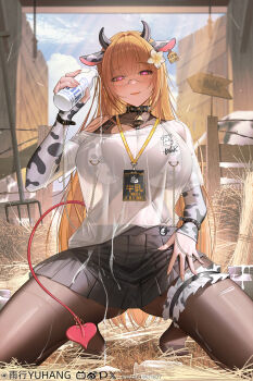  1girl animal_ears animal_print artist_name barn bell belt belt_collar bikini bilibili_logo black_belt black_skirt blonde_hair bottle breasts chain closed_mouth collar commentary commission cow_ears cow_horns cow_print cow_print_bikini cow_print_sleeves demon_tail detached_sleeves ear_tag english_commentary flower frilled_thigh_strap glasses hair_flower hair_ornament hay heart heart-shaped_pupils highres holding holding_bottle horns id_card kneeling lanyard large_breasts long_hair looking_at_viewer micro_bikini milk milk_bottle mole mole_on_breast neck_bell no_shoes o-ring o-ring_bikini o-ring_bottom o-ring_top original pink_eyes pitchfork pixiv_id pixiv_logo pleated_skirt pouring pouring_onto_self print_bikini see-through_clothes see-through_shirt see-through_skirt shirt skirt smile solo stable swimsuit symbol-shaped_pupils tail thigh_strap twitter_x_logo very_long_hair watermark weibo_watermark white_flower white_shirt yuxing_yuhang 