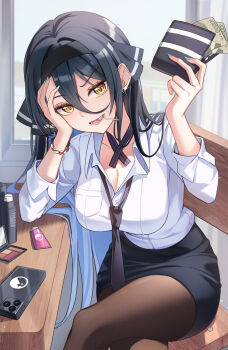  1girl aqua_nails black_hair black_hairband black_necktie black_ribbon black_skirt breasts brown_pantyhose cellphone chair cleavage colored_inner_hair commentary_request cosmetics crossed_arms desk feet_out_of_frame fingernails gangzi_(vtuber) hair_between_eyes hair_ribbon hairband hand_on_own_face hands_up highres holding holding_wallet korean_commentary large_breasts lollipop_in_mouth long_bangs long_hair long_sleeves looking_at_viewer loose_necktie makeup_palette miniskirt multicolored_hair nail_polish necktie on_chair open_mouth pantyhose pencil_skirt phone ribbon shirt sitting skirt smartphone smile solo squeeze_bottle stellive virtual_youtuber wallet white_shirt yellow_eyes yt9676 