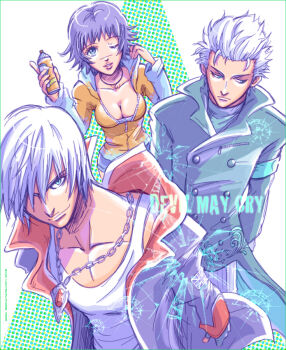  1girl 2boys allie_(united_f) black_coat black_hair blue_coat breasts cleavage coat copyright_name cosplay dante_(devil_may_cry) dante_(dmc:_devil_may_cry) dante_(dmc:_devil_may_cry)_(cosplay) devil_may_cry devil_may_cry_(series) dmc:_devil_may_cry holding holding_spray_can jewelry kat_(devil_may_cry) kat_(devil_may_cry)_(cosplay) lady_(devil_may_cry) multiple_boys necklace one_eye_closed scar scar_on_face scar_on_nose shirt spray_can vergil_(devil_may_cry) vergil_(dmc:_devil_may_cry) vergil_(dmc:_devil_may_cry)_(cosplay) white_hair white_shirt 