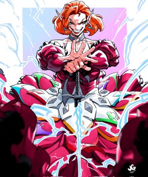  1girl choker commentary dress earrings electricity english_commentary grin heart heart_o-ring highres initial jewelry jgeorgedrawz long_dress looking_at_viewer o-ring orange_hair original planted planted_sword planted_weapon pointy_ears red_dress short_hair smile solo sword weapon 