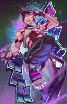  1girl artist_request black_hair bracelet breasts feet fingerless_gloves gloves glowing glowing_eye graffiti hair_horns han_juri heterochromia jewelry large_breasts looking_down multicolored_hair muscular muscular_female one_leg_raised pants pink_hair spiked_bracelet spikes street_fighter street_fighter_6 toeless_legwear two-tone_hair 