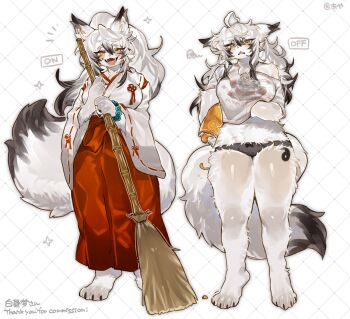  1girl animal_feet argyle_background aya_(arioriak) black_hair black_panties body_fur broom chips_(food) claws colored_tips commentary_request commission crop_top digitigrade food fox_girl full_body furry furry_female green_eyes hakama hand_under_clothes hand_under_shirt highres holding holding_broom japanese_clothes kosode long_hair miko multicolored_hair original panties potato_chips shirt skeb_commission standing tail underwear white_background white_fur white_hair white_shirt yellow_eyes 