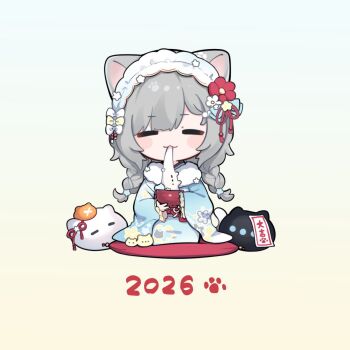  1girl 2026 amashiro_natsuki animal_ears blue_background blue_kimono blush_stickers bowl braid brown_background cat_ears chibi closed_eyes closed_mouth commentary_request cushion facing_viewer flower food frilled_sleeves frills fur_collar gradient_background grey_hair highres holding holding_bowl indie_virtual_youtuber japanese_clothes kimono long_hair long_sleeves low_twintails mochi nachoneko ofuda red_flower seiza sitting sleeves_past_wrists solo twin_braids twintails virtual_youtuber white_flower wide_sleeves zabuton 