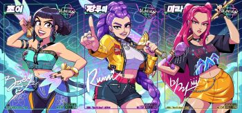  3girls between_fingers black_hair crop_top double_bun dutch_braided_ponytail hair_bun highres holding holding_knife holding_polearm holding_weapon huntrix jacket knife knives_between_fingers kpop_demon_hunters midriff mike_luckas miniskirt mira_(kpop_demon_hunters) multiple_girls naginata navel over_shoulder pink_hair polearm purple_hair rumi_(kpop_demon_hunters) short_shorts shorts skirt stomach sword throwing_knife weapon weapon_over_shoulder yellow_jacket yellow_skirt zoey_(kpop_demon_hunters) 