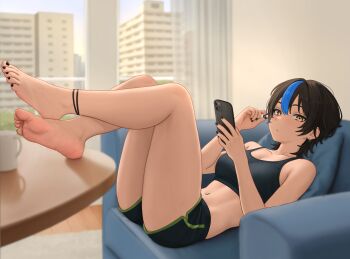  1girl :/ ankle_strap bare_arms bare_legs bare_shoulders barefoot black_hair black_nails black_shorts black_sports_bra blue_streaks blurry blurry_background breasts brown_eyes cityscape collarbone commentary_request couch crossed_ankles cup curtains dolphin_shorts earrings feet feet_on_table hair_between_eyes highres holding holding_phone indoors jewelry legs looking_at_viewer lying medium_breasts midriff nail_polish navel navel_piercing nihu on_back on_couch original phone piercing shiragi_(nihu) short_hair short_shorts shorts single_hair_streak soles solo sports_bra stomach thighs toenail_polish toenails toes toned toned_female twirling_hair window 
