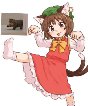  1girl :3 animal_ear_fluff animal_ear_piercing animal_ears beachepisode bow bowtie brown_eyes brown_hair cat_ears cat_girl cat_tail chen clenched_hands closed_mouth dress frilled_dress frills green_hat hands_up hat highres leg_up long_sleeves looking_at_viewer mob_cap multiple_tails no_shoes photo_inset pinafore_dress red_dress reference_inset shirt short_hair simple_background sleeveless sleeveless_dress smile socks solo tail tongue tongue_out touhou two_tails white_background white_shirt white_socks yellow_bow yellow_bowtie 