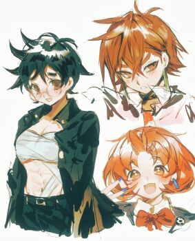  1boy 2girls ayase_momo bandaged_chest black_choker black_jacket black_pants blue_nails blush bow bowtie breasts brown_eyes choker cleavage collared_shirt crossed_bangs dandadan de557777 earrings enjoji_jin furrowed_brow gakuran genderswap genderswap_(ftm) genderswap_(mtf) glasses hair_between_eyes jacket jewelry medium_breasts multiple_girls nail_polish navel necktie open_mouth pants parted_bangs parted_lips red_bow red_bowtie red_necktie round_eyewear school_uniform shirt short_hair sketch smile soccer_ball_ornament takakura_ken_(dandadan) thick_eyebrows upper_body white_background white_shirt 