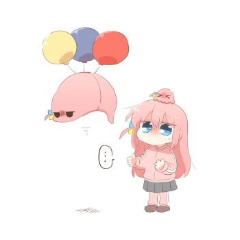 >_< ... 1girl balloon blue_eyes bocchi_the_rock! brown_shoes chibi chibi_only commentary_request floating gotoh_hitori gotoh_hitori_(octopus) gotoh_hitori_(tsuchinoko) grey_skirt jacket long_hair long_sleeves pants pants_under_skirt pink_hair pink_jacket pink_pants pleated_skirt rebecca_(keinelove) shoes simple_background skirt spoken_ellipsis standing track_jacket white_background 