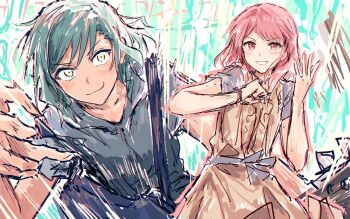  2girls aqua_background aqua_hair bad_id bad_twitter_id bang_dream! bang_dream!_girls_band_party! blush closed_mouth collared_shirt cowboy_shot green_eyes grey_shirt grin highres hikawa_hina looking_at_viewer maruyama_aya medium_hair multiple_girls pink_eyes pink_hair shirt short_sleeves skirt smile sweatdrop v-shaped_eyebrows yellow_shirt yellow_skirt yukitake_(bullfalk) 