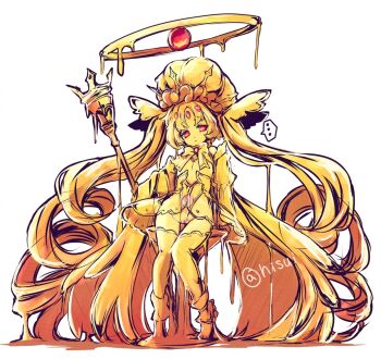  1girl boots commentary_request curly_hair dress expressionless flat_chest full_body halo hat highleg highleg_leotard hisui_(syarute) holding holding_staff leotard liquid_hair long_hair looking_at_viewer monster_girl open_mouth original red_eyes simple_background slime_girl solo staff thighhighs very_long_hair white_background 