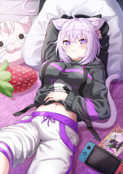  1girl ahoge animal_collar animal_ear_fluff animal_ears arm_up black_collar black_hoodie blush breasts cat_ears cat_girl cat_tail closed_mouth collar collarbone commentary_request cropped_hoodie food food_print hair_between_eyes hand_on_own_stomach highres hololive hood hood_down hoodie long_sleeves looking_at_viewer lying midriff navel nekomata_okayu nekomata_okayu_(1st_costume) nintendo_switch on_back onigiri onigiri_print pants purple_eyes purple_hair shirt short_hair smile solo stomach suzuki_(white-world) tail virtual_youtuber white_pants 