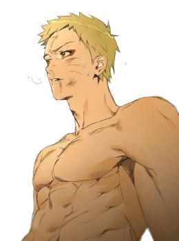  1boy abs blonde_hair boruto_(series) bruise bruise_on_face facial_mark highres injury male_focus muscular muscular_male naruto_(series) nude sennin_mode solo spiked_hair uzumaki_naruto white_background 