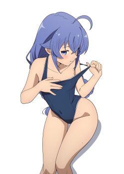  1girl absurdres ahoge blue_eyes blue_hair blue_one-piece_swimsuit breasts coro_fae feet_out_of_frame hair_flaps highleg highleg_one-piece_swimsuit highres loli mushoku_tensei one-piece_swimsuit roxy_migurdia school_swimsuit simple_background small_breasts solo strap_pull swimsuit white_background 