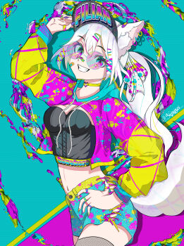  1girl absurdres adjusting_clothes adjusting_headwear alternate_costume animal_ear_fluff animal_ear_piercing animal_ears aqua-framed_eyewear aqua_skirt arm_up bandaid bandaid_on_cheek bandaid_on_ear bandaid_on_face bandaid_on_nose black_shirt breasts cat_ears cat_girl cat_tail character_name choker clothes_writing commentary crop_top cropped_hoodie drawstring drop_shadow english_commentary eyelashes facial_mark filian_(vtuber) fingernails fishnet_thighhighs fishnets hair_ornament hair_ribbon hairclip hand_on_own_hip hat_writing headwear_writing heart heart_facial_mark highres hood hood_down hoodie indie_virtual_youtuber jewelry long_hair long_sleeves midriff multicolored_eyes multicolored_hoodie multicolored_nails multiple_rings nail_polish navel ponytail ribbon ring round_eyewear shinisei shirt skirt smile solo splatter_print star_(symbol) star_facial_mark sunglasses tail teardrop_facial_mark teeth thighhighs tinted_eyewear twitter_username virtual_youtuber visor_cap white_hair white_ribbon yellow_choker 