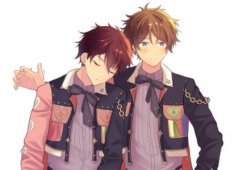  2boys absurdres black_bow black_bowtie blue_eyes blush bow bowtie brown_hair chain closed_eyes closed_mouth collared_shirt commentary_request earrings ensemble_stars! hand_up heart highres jacket jewelry leaning_on_person long_sleeves male_focus morisawa_chiaki multiple_boys official_alternate_costume open_clothes open_jacket overflow!_(ensemble_stars!) shirt short_hair simple_background sleeping split_mouth star_(symbol) star_earrings takamine_midori upper_body white_background yaoi yuki_suzume 