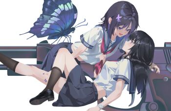  2girls absurdres black_hair black_shoes black_skirt black_socks blue_sailor_collar bug butterfly butterfly_hair_ornament chinese_commentary clothes_grab commentary_request eye_contact gun hair_ornament hairclip highres housho_margo insect kurobe_nanoka long_hair looking_at_another mahou_shoujo_no_majo_saiban miniskirt multiple_girls nail_polish neckerchief neckerchief_grab open_mouth parted_lips pleated_skirt purple_eyes purple_hair purple_nails red_neckerchief sailor_collar sailor_shirt school_uniform serafuku shirt shoes short_sleeves shortofsugar skirt socks weapon white_shirt yuri 