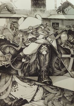  6+girls @_@ absurdres animal_ears arm_on_own_leg black_boots black_gloves black_hair boots cape ceres_fauna classroom coat cross cross_facial_mark eyepatch facial_mark flipped_hair flower_eyepatch gloves grin hakos_baelz hakos_baelz_(steel_rose) hat heart heart_facial_mark highres holocouncil hololive hololive_english holopromise irys_(hololive) koseki_bijou koseki_bijou_(casual) long_sidelocks marunyan mask mask_pull military_coat monochrome mouse_ears mouth_mask multiple_girls nanashi_mumei ninomae_ina'nis ninomae_ina'nis_(school_uniform) no_eyes official_alternate_costume ouro_kronii peaked_cap poster_(object) sharp_teeth shoes_on_table short_hair sidelocks smile stomping teeth tsukumo_sana virtual_youtuber window 