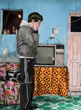  1boy adidas black_hair black_pants black_shoes bong cable camera_flash carpet chipped_paint couch covering_face crack cracked_wall crt door dress_shoes floor from_side full_body grey_jacket hair_slicked_back highres hood hoodie indoors jacket jacket_over_hoodie long_sleeves male_focus night original pants plant potted_plant shoes short_hair soko39251 solo standing sweatpants table tablecloth television white_hoodie wooden_door 