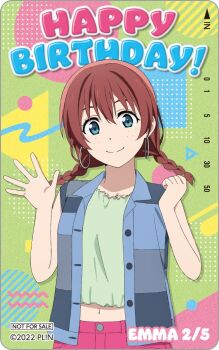  1girl anime_coloring blue_eyes blue_shirt blush braid breasts brown_hair camisole card_(medium) character_name clenched_hand closed_mouth collarbone collared_shirt copyright_name copyright_notice dated dotted_background earrings emma_verde english_text freckles green_background green_camisole hair_between_eyes hands_up happy_birthday jewelry looking_at_viewer love_live! love_live!_nijigasaki_high_school_idol_club low_twin_braids medium_hair navel not_for_sale official_art open_clothes open_hand open_shirt palms pants phonecard pink_pants shirt smile solo spread_fingers third-party_source triangle twin_braids twintails two-tone_shirt unbuttoned unbuttoned_shirt upper_body 