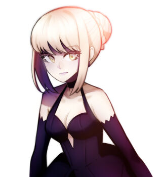  1girl artoria_pendragon_(fate) black_choker black_dress blonde_hair braid breasts bun_with_braided_base choker cleavage closed_mouth collarbone cutout detached_sleeves dress fate/grand_order fate/stay_night fate_(series) gallaxi hair_bun heaven's_feel large_breasts looking_to_the_side pink_lips saber_alter simple_background solo upper_body white_background yellow_eyes 