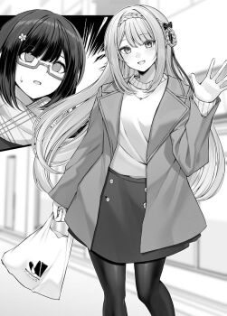  2girls black_hair black_skirt black_socks blue_eyes blush cool_na_megamisama_to_issho_ni_sundara_amayakashisugite_ponkotsu_ni_shiteshimatta_ken_ni_tsuite gal glasses greyscale hand_up long_hair looking_at_viewer mikoto_rei monochrome multiple_girls open_mouth sakurai_yukino_(cool_na_megamisama_to_issho_ni_sundara) shirt skirt smile socks very_long_hair white_hair white_shirt 