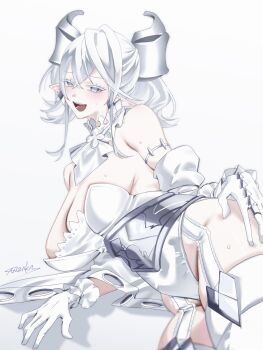  1girl bare_shoulders breasts cleavage demon_girl demon_horns dress drill_hair duel_monster earrings eyelashes grey_eyes grey_hair highres horns jewelry large_breasts lovely_labrynth_of_the_silver_castle open_mouth ponytail sanzakasun smile solo strapless strapless_dress twin_drills white_background white_dress yu-gi-oh! 
