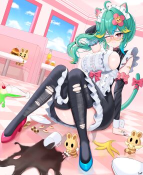  +_+ 1girl absurdres ahoge alternate_costume animal_ear_piercing animal_ears aqua_hair arm_behind_head banana_peel bandage_on_cheek bandaid bandaid_on_arm black_dress black_thighhighs blonde_hair blue_sky blush blush_stickers bottle bow breasts burger cat_ears cat_girl cat_tail checkerboard_cookie checkered_floor cherry cleaning closed_mouth cloud commentary cookie day detached_sleeves diner dress eating english_commentary eyelashes fallen_down food food_on_floor fruit glass glasses green_hair hair_intakes hair_ornament headband high_heels highres holding holding_food holding_fruit holding_rag honeybun_(rosedoodle) ice_cream indoors insect_wings long_hair maid maid_headdress mismatched_shoes multicolored_hair nose_blush one_eye_closed open_mouth pink_bow pink_eyes pink_hair plate rosedoodle_(vtuber) round_eyewear side_ponytail sideboob sidelocks signature sitting sky solo_focus spill streaked_hair sylix44 tail tail_bow tail_ornament teeth thighhighs torn_clothes torn_thighhighs upper_teeth_only vchiban virtual_youtuber white_headband window wings 