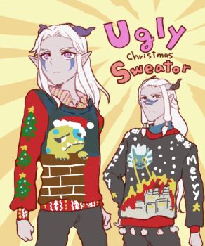  1boy 1girl bait_(the_dragon_prince) christmas christmas_sweater elf facepaint horns long_hair pointy_ears purple_eyes rayla_(the_dragon_prince) runaan_(the_dragon_prince) silver_hair sweater the_dragon_prince  rating:Sensitive score:12 user:ZDragonX
