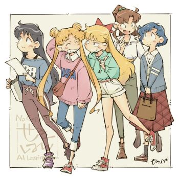  5girls ^_^ aino_minako aqua_hoodie bag bishoujo_senshi_sailor_moon black_hair blonde_hair blue_cardigan blue_hair blue_pants blue_shirt border bow brown_hair brown_pants brown_shoes brown_skirt cardigan casual closed_eyes clothes_writing collared_shirt commentary_request double_bun drawstring green_pants hair_bow hair_bun highres hino_rei hood hood_down hoodie kino_makoto looking_at_another mizuno_ami multiple_girls outside_border pants pink_shirt purple_shoes red_bow red_shoes sekihan shirt shoes skirt sneakers tsukino_usagi twintails white_border white_shirt yoga_pants 